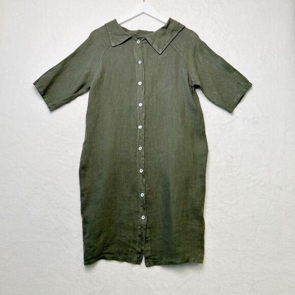 PIAZZA DEL TEMPIO Linen Button Back Shift Dress Lagenlook Pockets Green Sz S - Picture 5 of 8